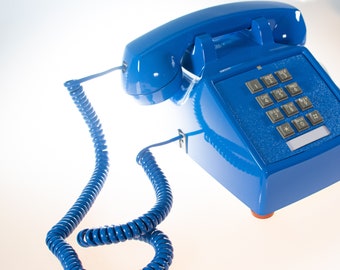 Vintage Push Buttons Phone in BLUE Glossy Finish with BLUE Coiled Cord (Tone Mode)