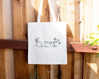 Canvas Coffee Cups Tote Bag, Cotton Reusable Bag, Grocery Shopping Canvas Bag, Coffee Cups, Medium Size