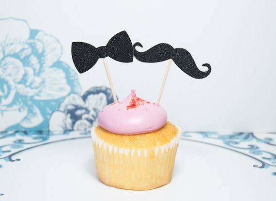 24 Black Mustache And Bow Cupcake Toppers Food Picks Party Etsy