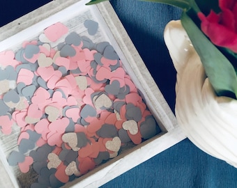 Confeti de corazón rosa y gris: Decoración de mesa para bodas con purpurina plateada