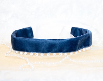 Blue Velvet Choker with White Beads, Velvet Necklace Choker