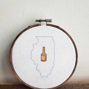 May include: A white embroidery hoop with a blue outline of the state of Illinois and a brown bottle inside.
