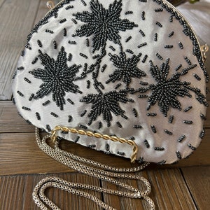 Vintage Walborg silver satin black beaded evening bag