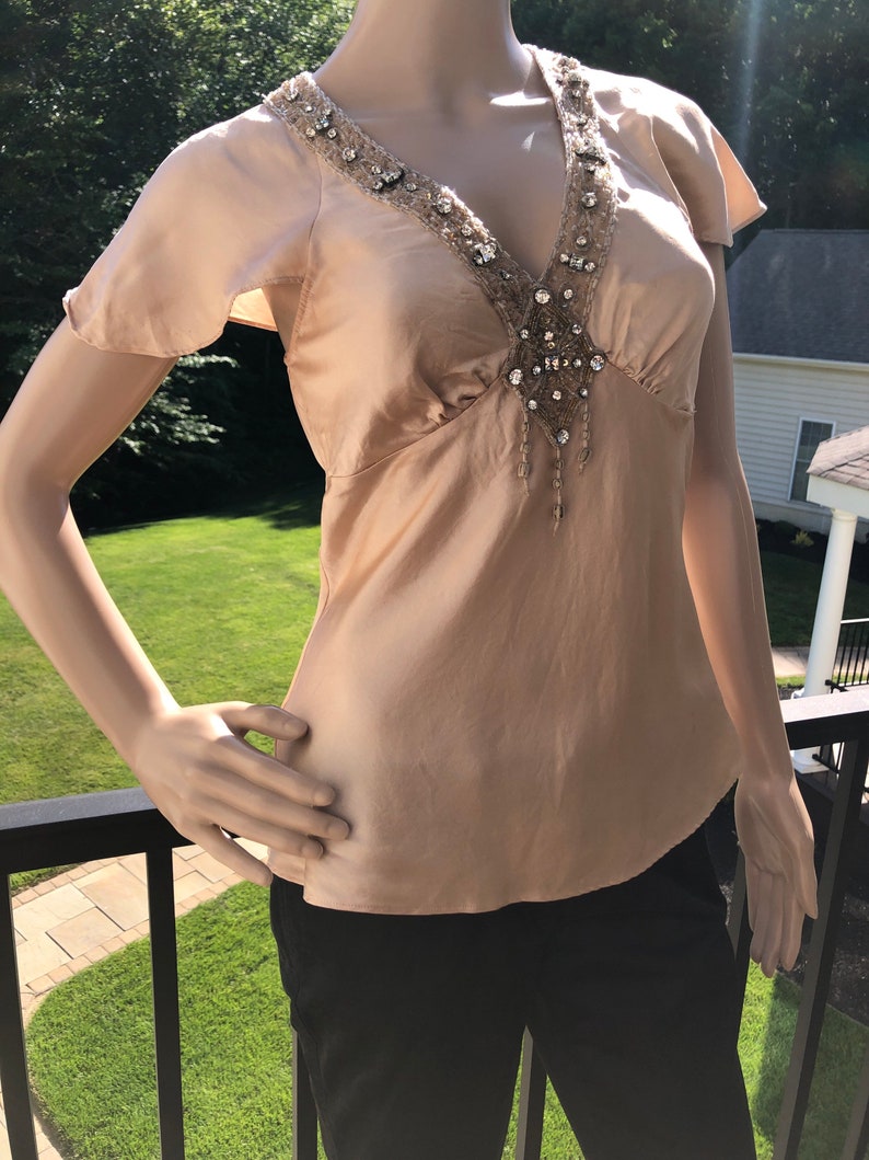 Vintage Tracy Reese champagne silk embellished Art Deco style top image 2