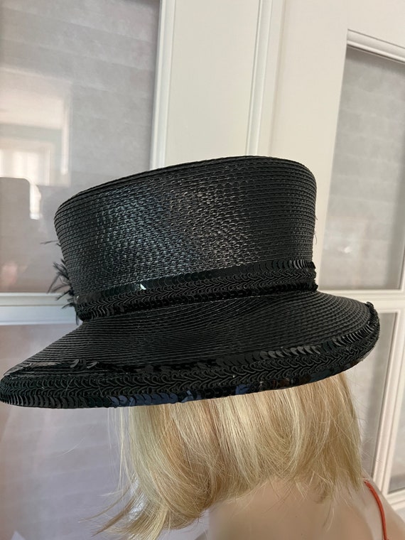 Vintage Black brimmed hat with large feather & be… - image 3