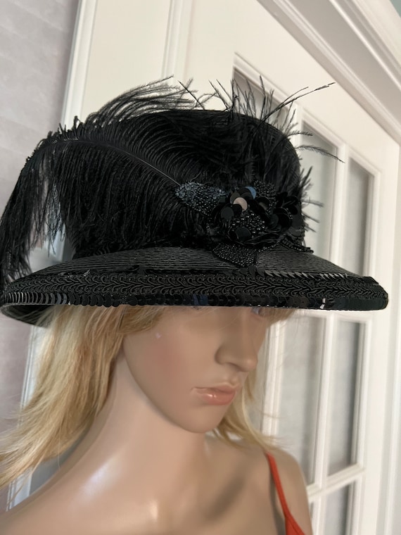 Vintage Black brimmed hat with large feather & be… - image 1