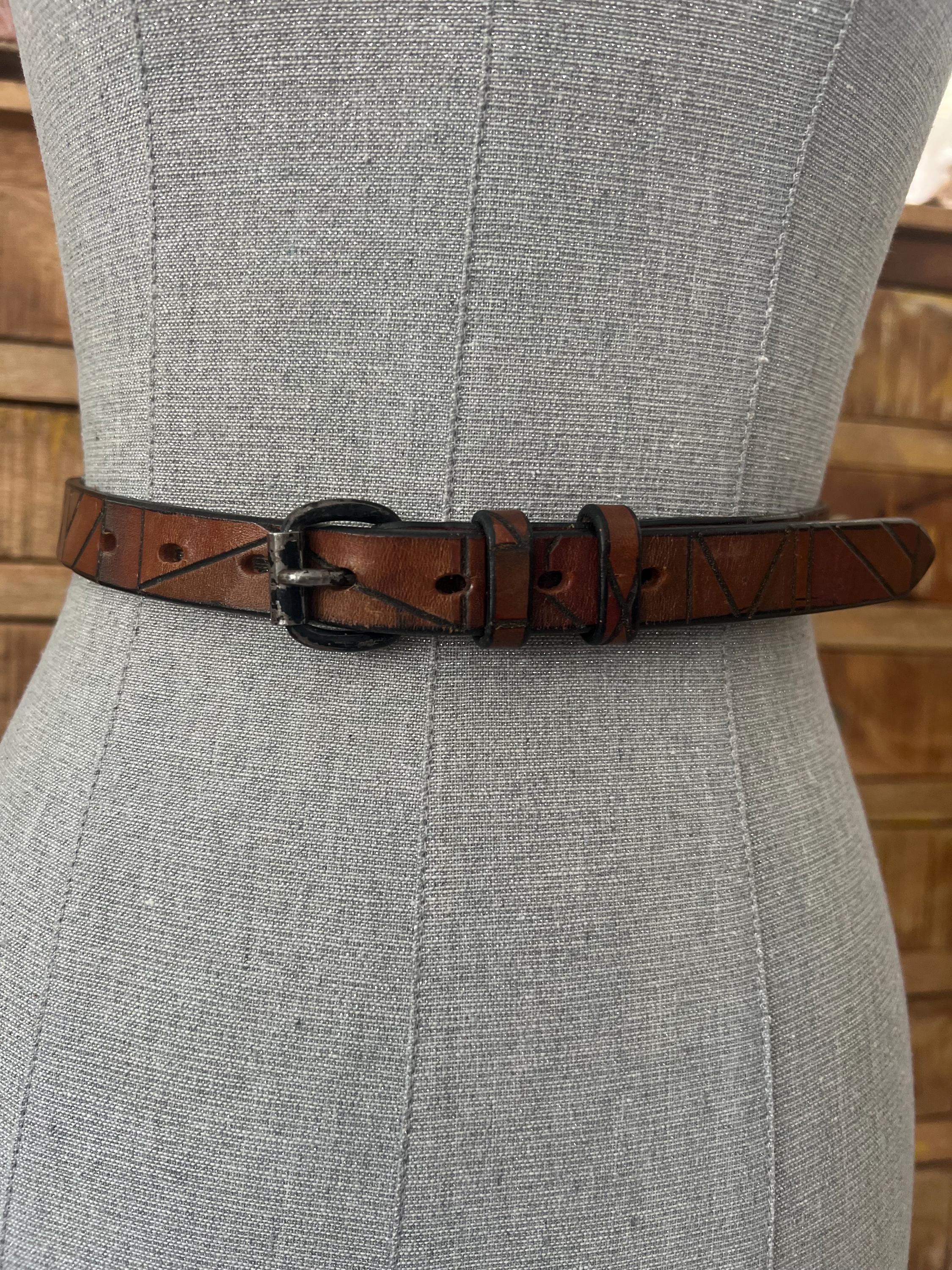 Vintage Fred Coen Leather Fall Colors Geo Design Etched Belt  display picture 1