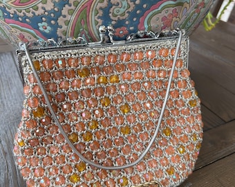 Vintage Beaded Evening Bag, Pink & Gold Iridescent Jewels, Handmade in Hong Kong