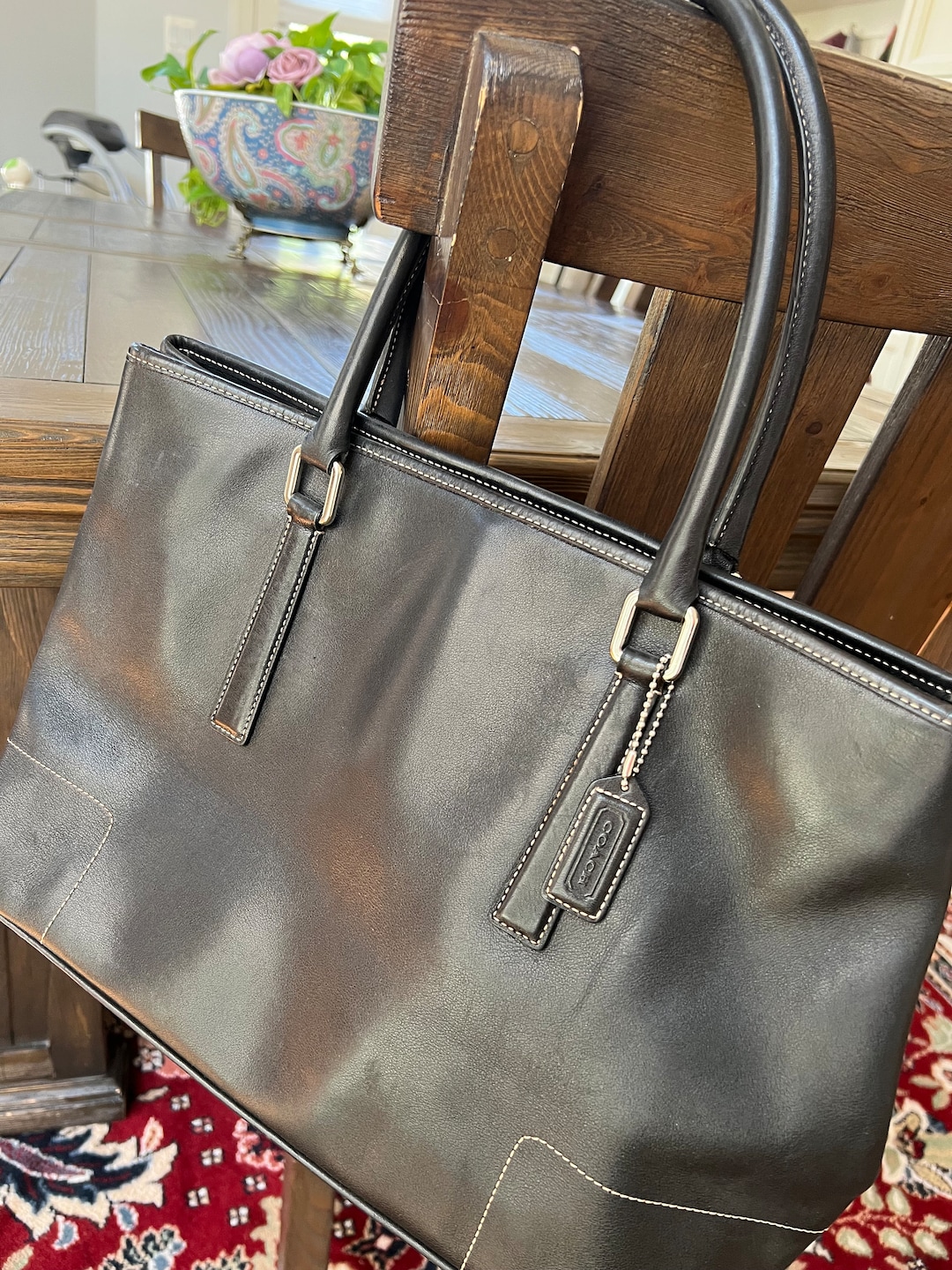 COACH Vintage Black Leather Tote Bag★ Vintage Coach Black Leather Light Tote, Refurbished