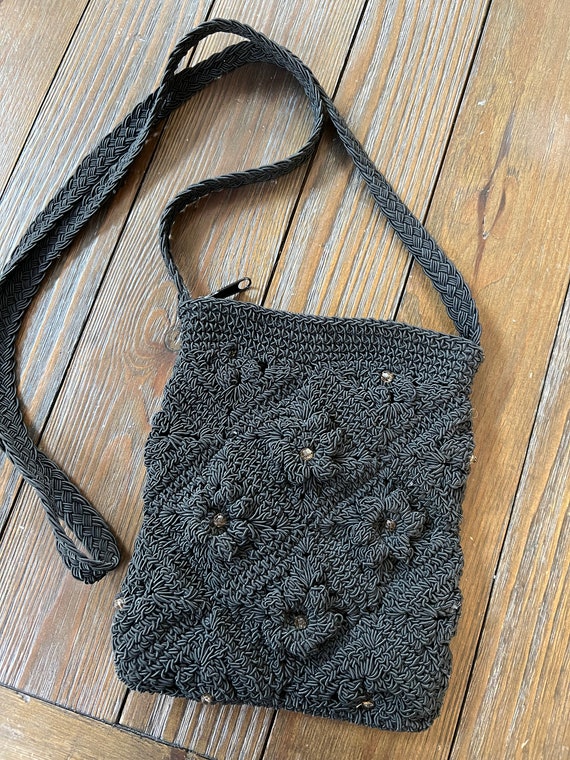 Vintage black crochet beaded mini crossbody eveni… - image 2