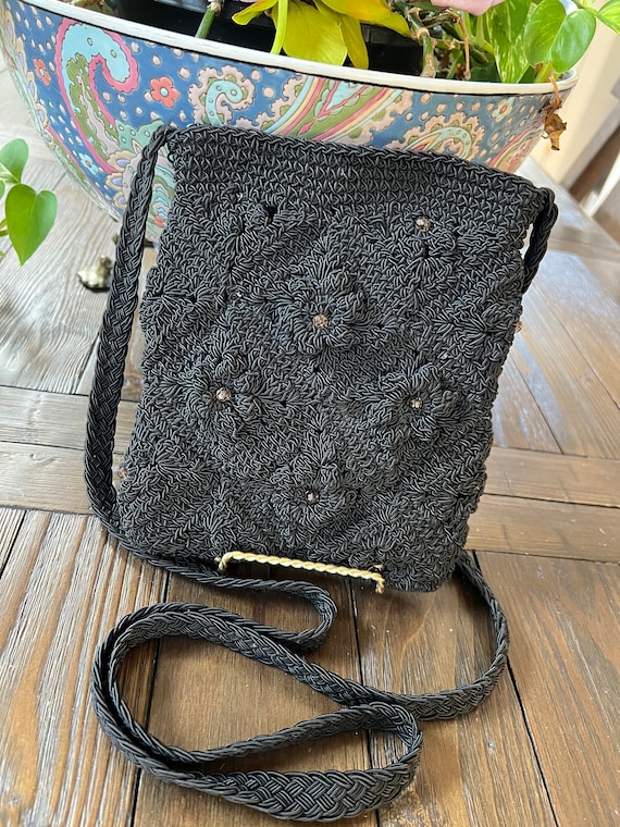 Vintage black crochet beaded mini crossbody eveni… - image 1