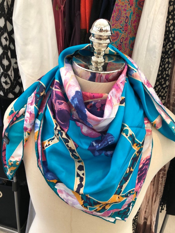 Turquoise Floral Abstract Silk Square Scarf - Etsy display picture 3