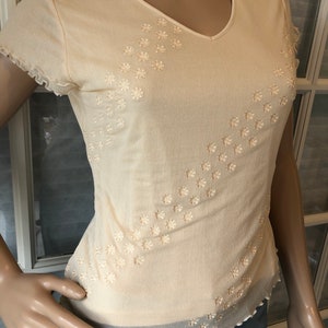 Vintage Valerie Stevens collection beige feminine dainty silk embossed overlay top