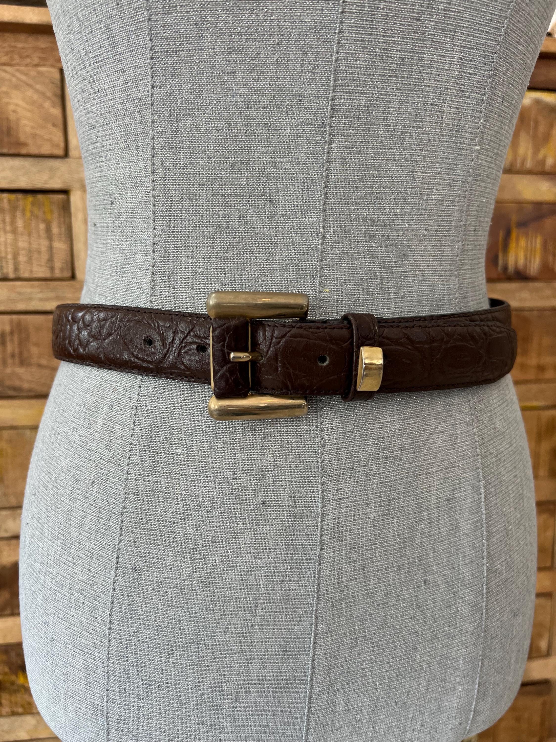 Milos Brown Crocodile Embossed Genuine Leather Belt Made in Italy Size Medium Milos ~ Vintage Luxury Gold Tone H Links Black Leather Belt  main image 2