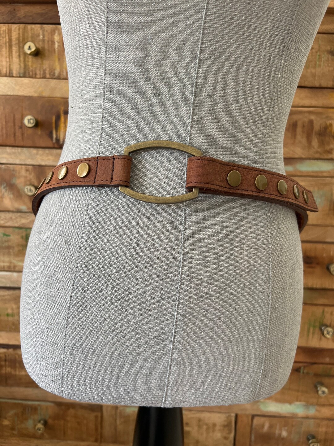 Vintage Brown Genuine Leather Brass Tone Studded Belt With  display picture 1