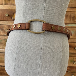 Vintage brown genuine leather brass tone studded belt with snap closure