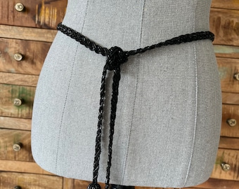 Beautiful braided black bead skinny waist belt with ball tassel tail
