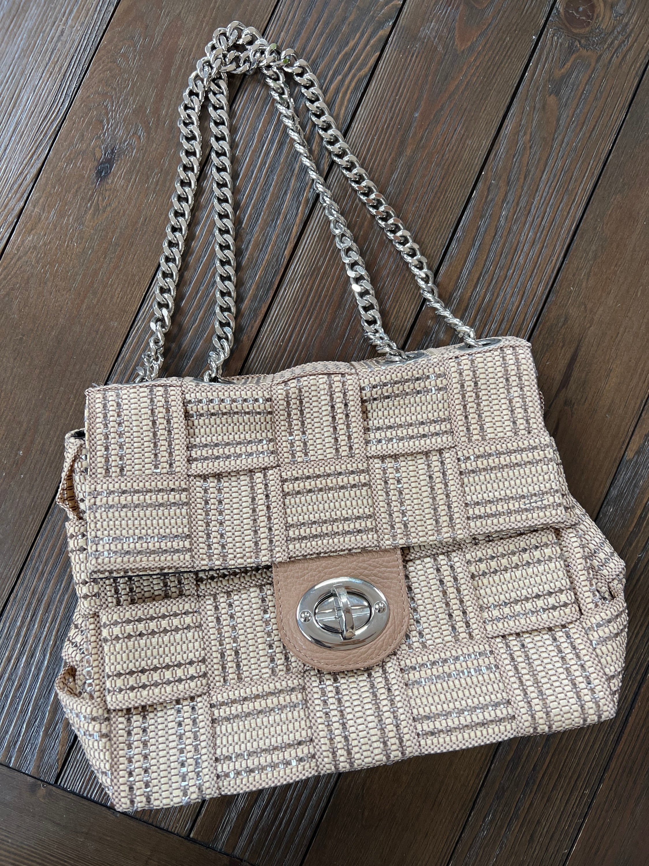 Alma Tonutti Italian Tan/silver Metallic Woven Handbag With 