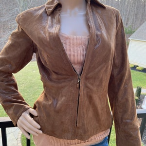 vintage Worth veste zippée en cuir daim brun métallisé
