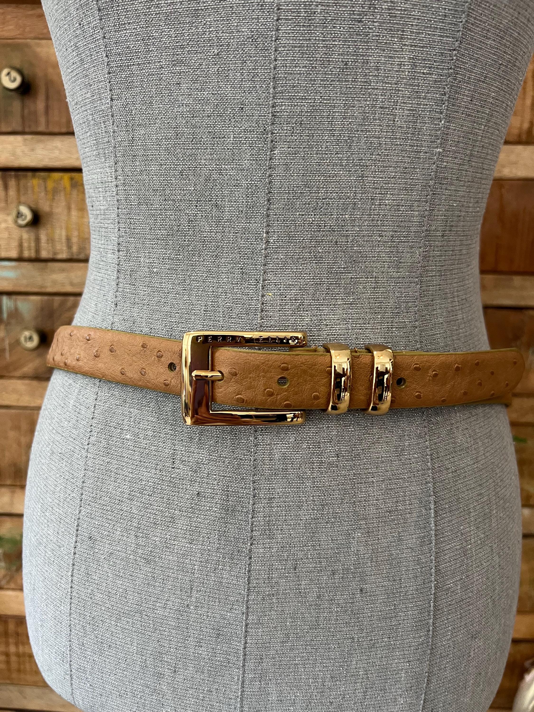 Perry Ellis Light Brown Ostrich Embossed Leather Belt SZ L  display picture 2