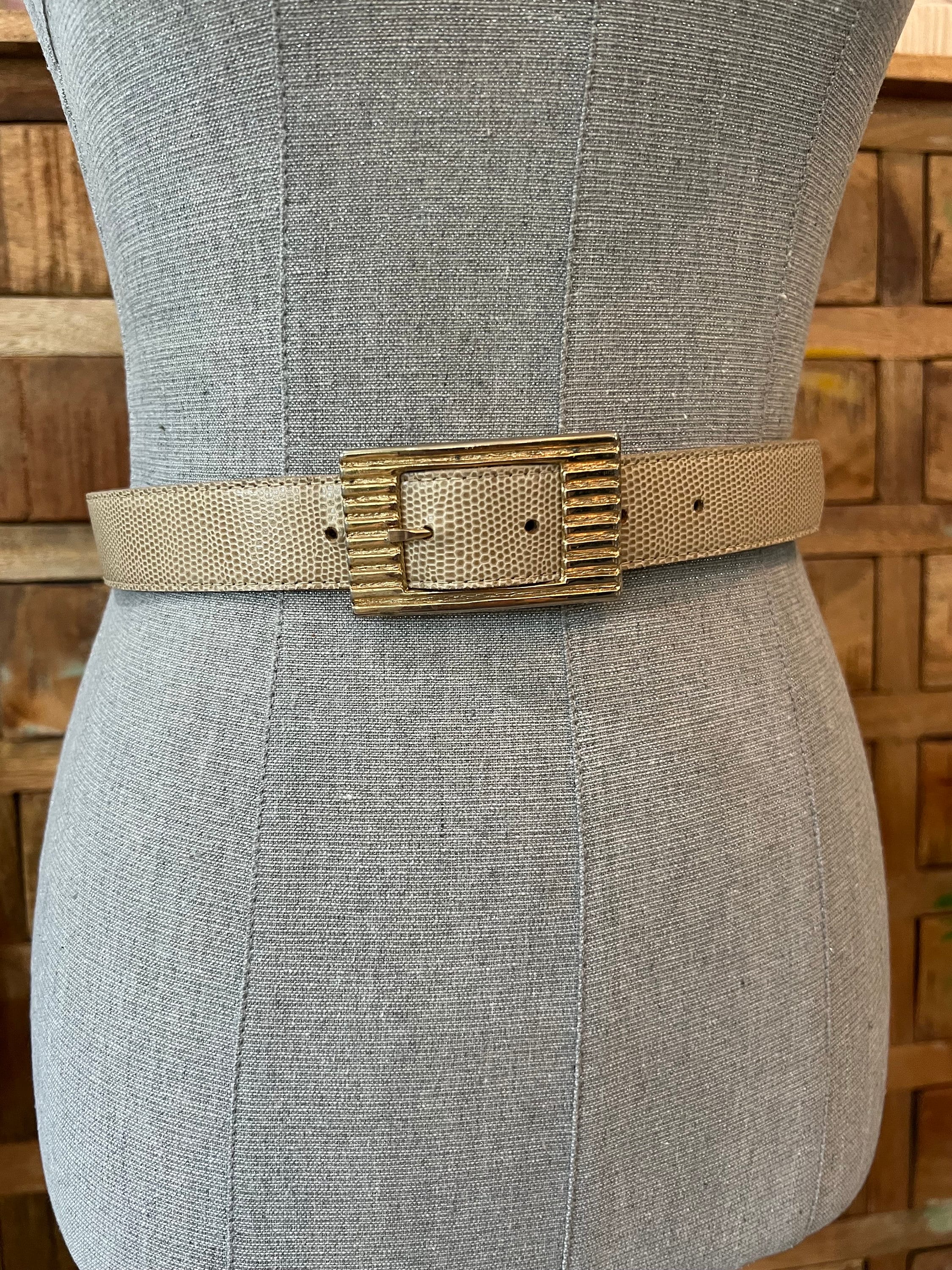 Vintage Arden B Light Tan Leather Snake Buckle Belt, Size M/L Thick Beige Tan Suede Leather Heavy Duty Solid Brass Buckle  main image 4