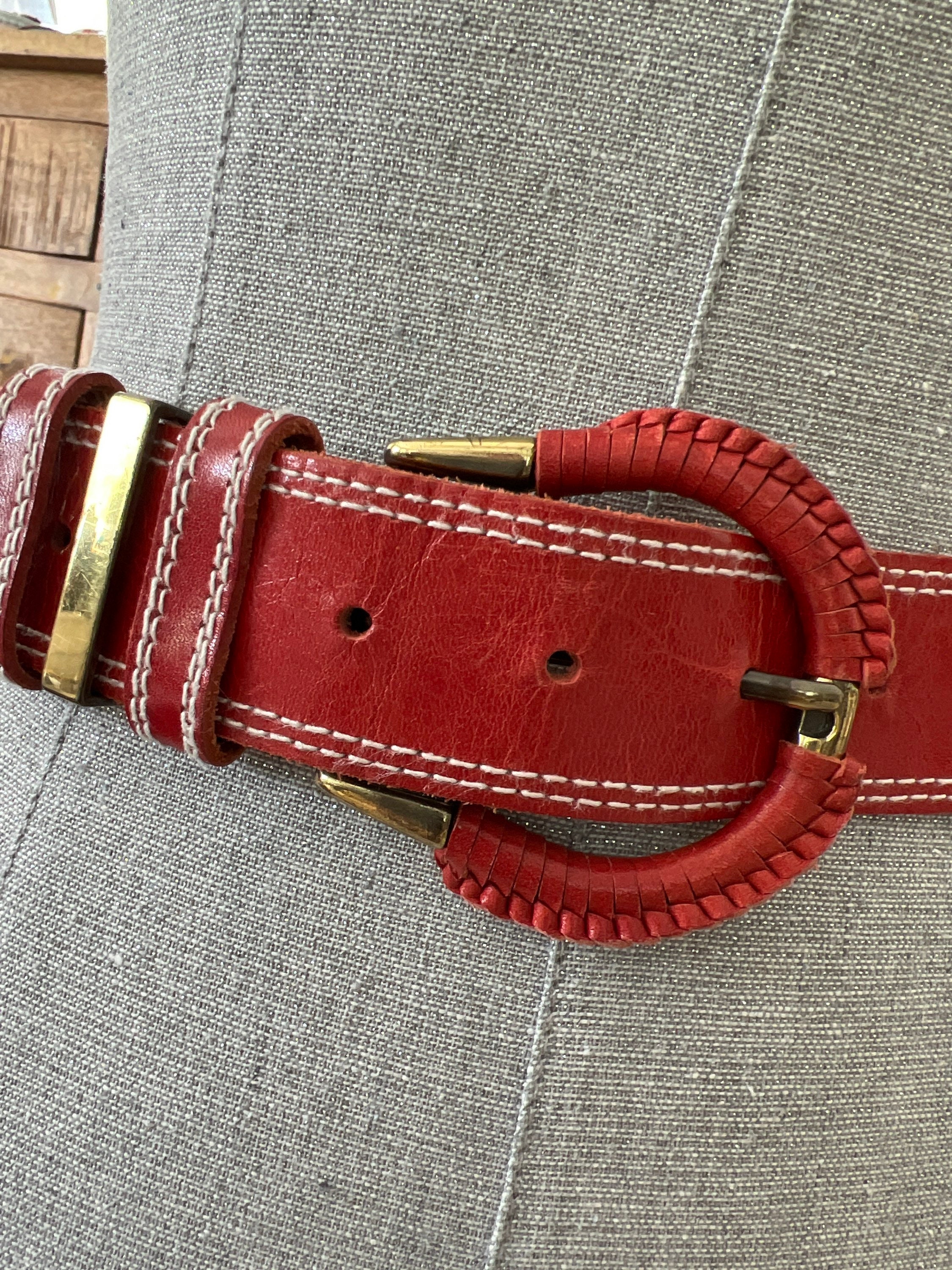 Vintage Liz Claiborne Red Genuine Saddle Leather Brass Buckle Belt Size Large Vintage Liz, Claiborne, Red Leather Belt With Leather  main image 4