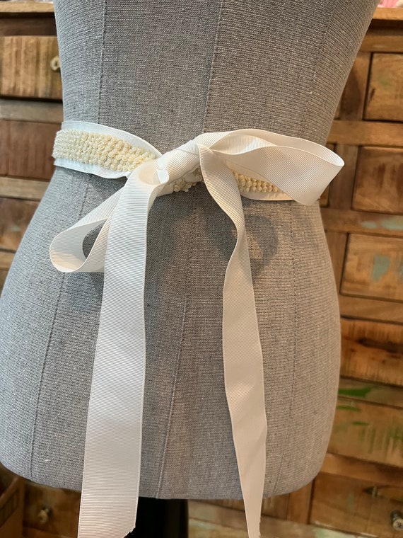Hand Made White Grosgrain Ribbon Belt With Ivory Sequins  display picture 2