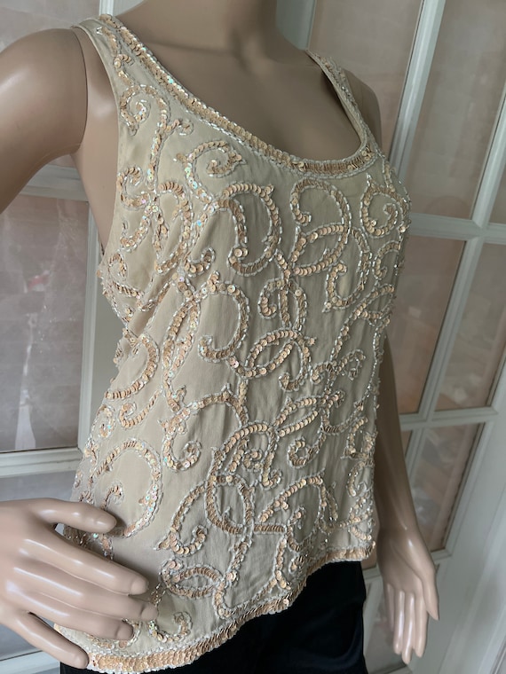 Vintage 90s Oleg Cassini tan beaded sequined dres… - image 1