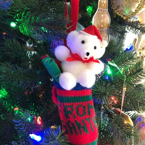 Vintage 80s handmade Christmas ornament, musical bear stocking