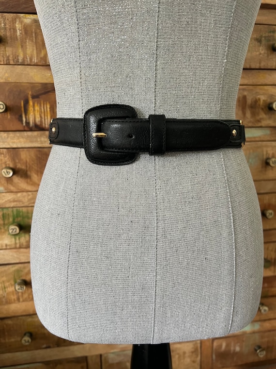 Vintage Black Leather Look Waist Belt With Gold Link  display picture 2
