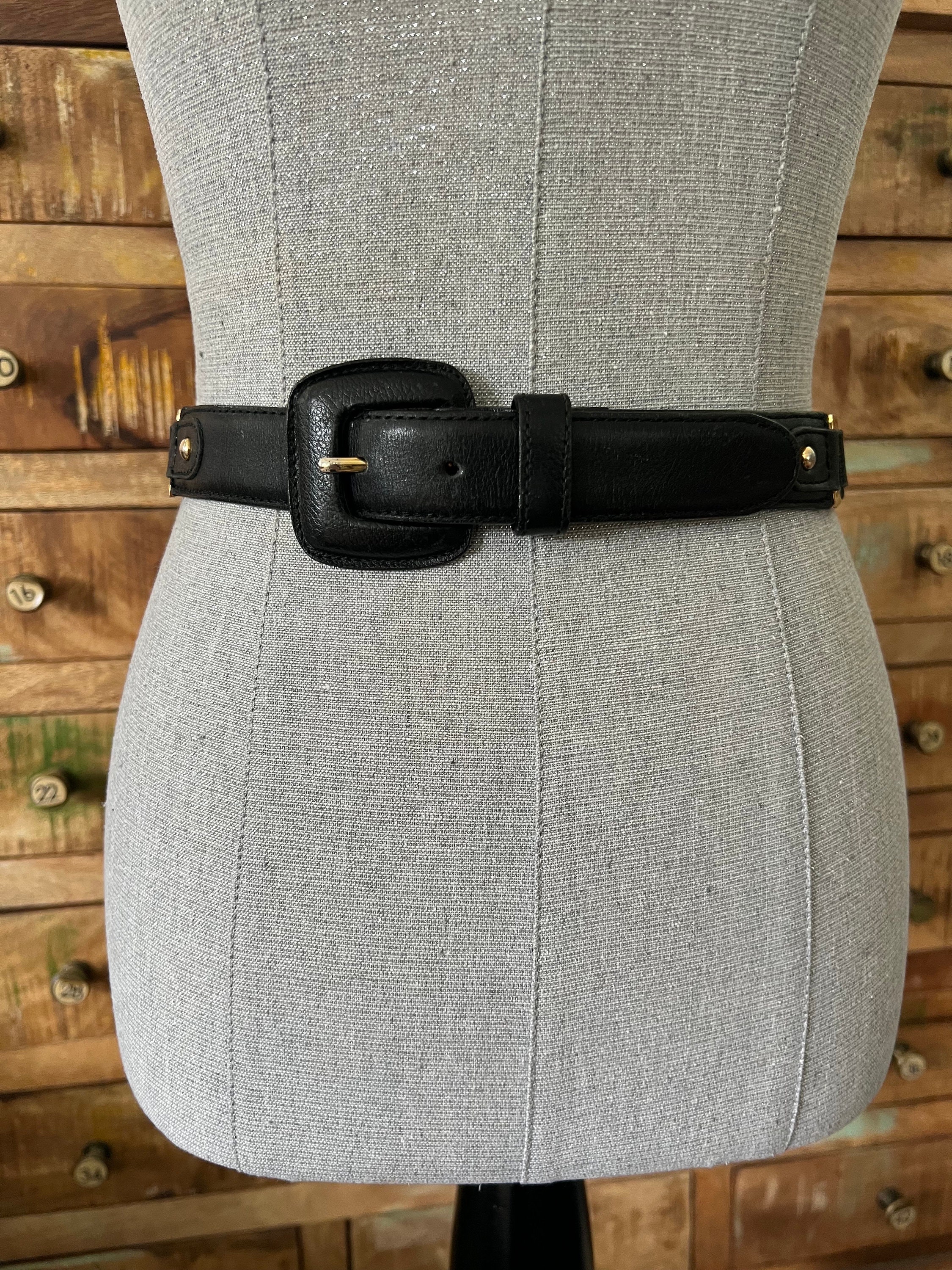 Vintage Black Leather Look Waist Belt With Gold Link