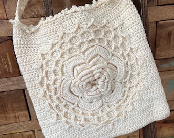 Vintage Handmade 70’s Cream Crochet Rosette Shoulder Bag