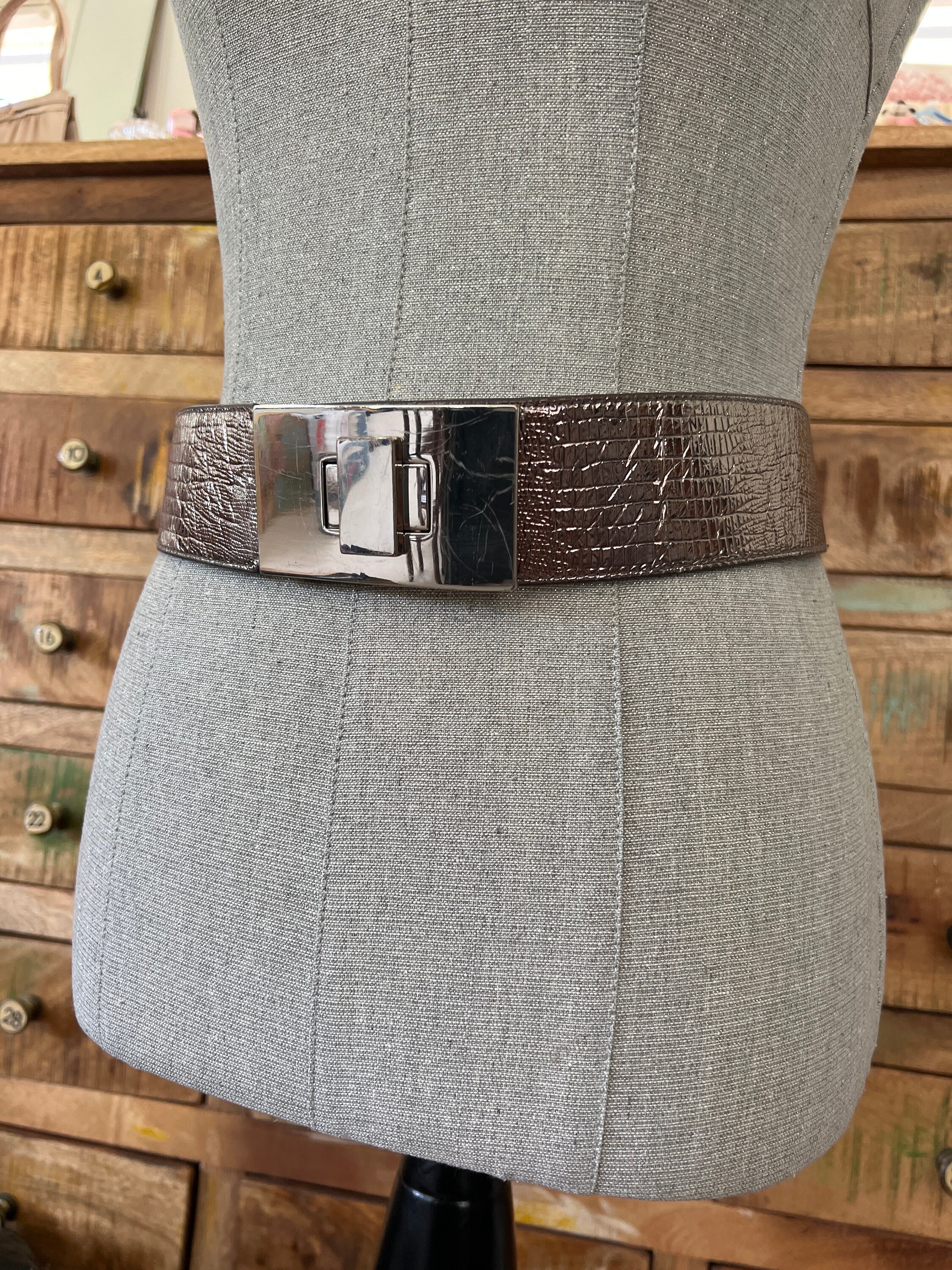 【GOOD GRIEF!】 Border Belt グレー Vintage Bebe Silver/black Stretch Croc Embossed Silver
