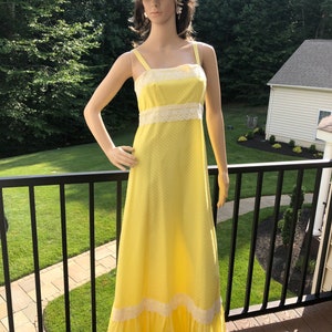 Vintage 60er GelbEr Punkt & Spitzen borte groovy Maxi Kleid