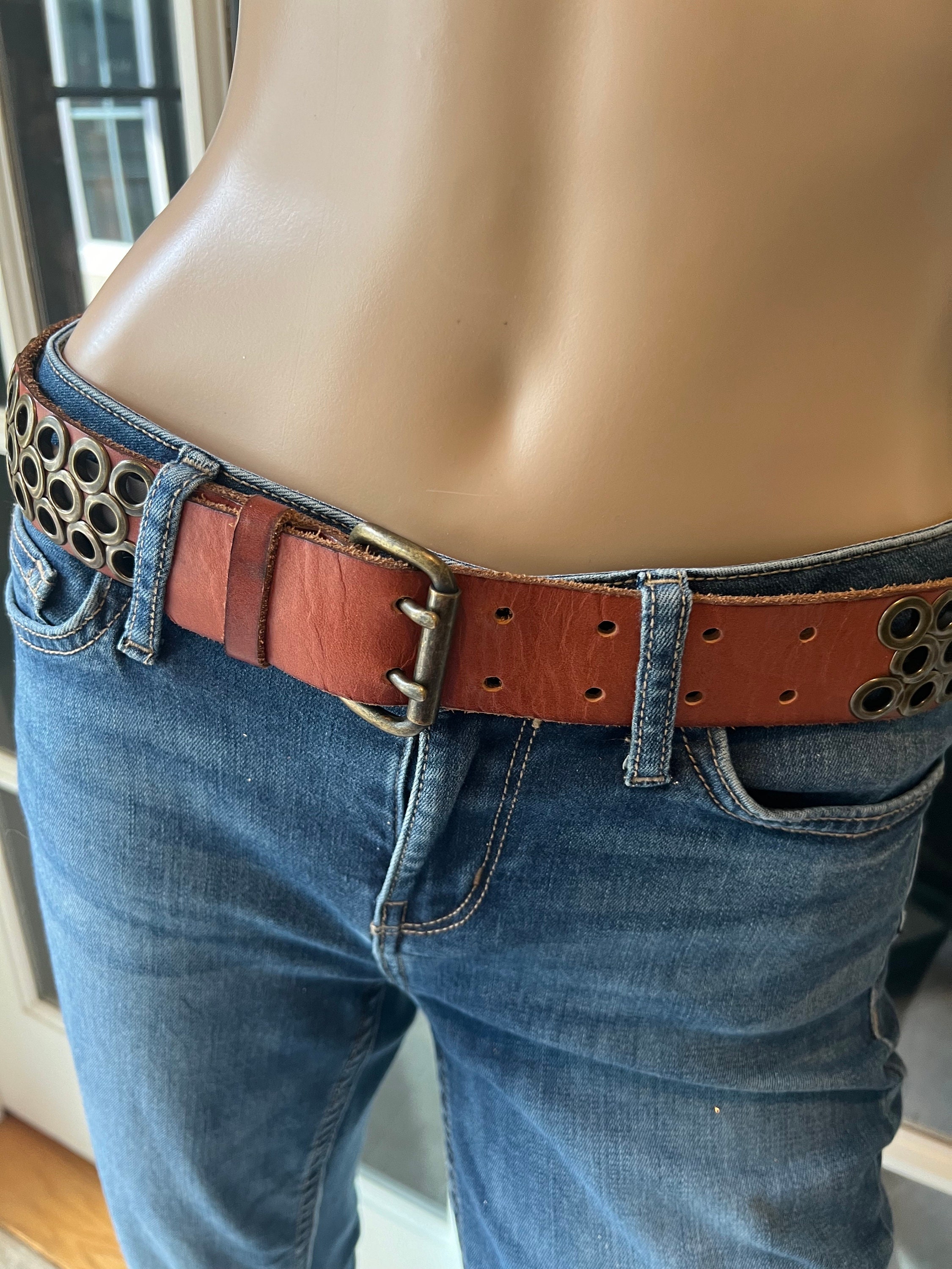 J Crew Vintage Brown Leather Grommet Belt Women’s Medium Vintage J Crew Brown Leather/bronze Grommet Belt - Etsy main image 3