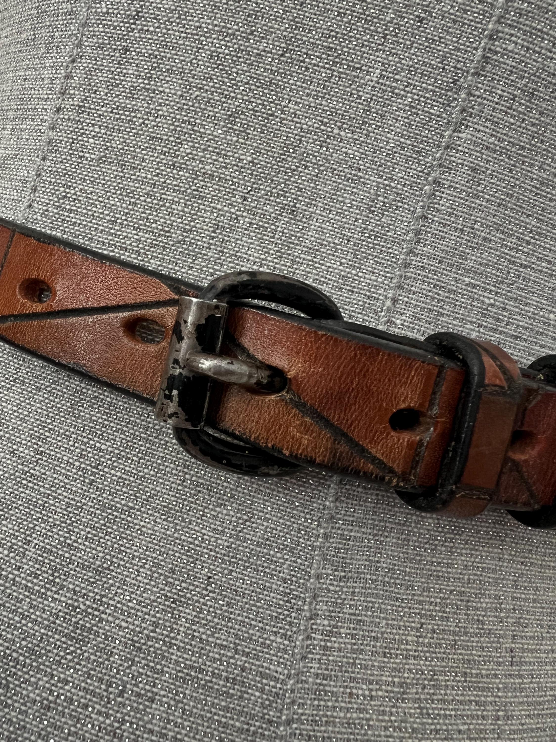 Fred‎ Coen Belt Womens Medium Black Red Lizard Leather Brooklyn NY Designer USA Vintage Fred Coen Leather Fall Colors Geo Design Etched Belt  main image 3
