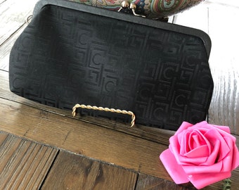 Vintage 90’s Liz Claiborne black satiny logo print evening bag