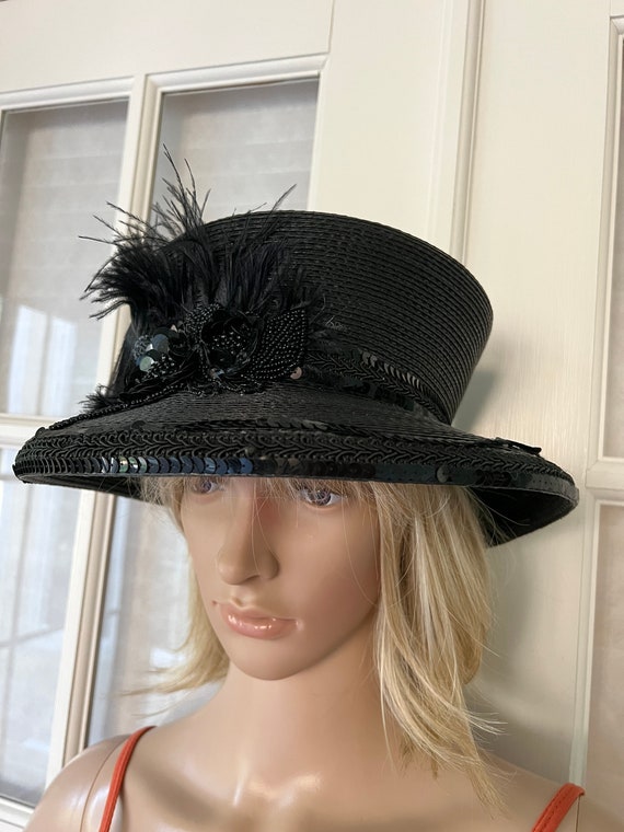 Vintage Black brimmed hat with large feather & be… - image 2