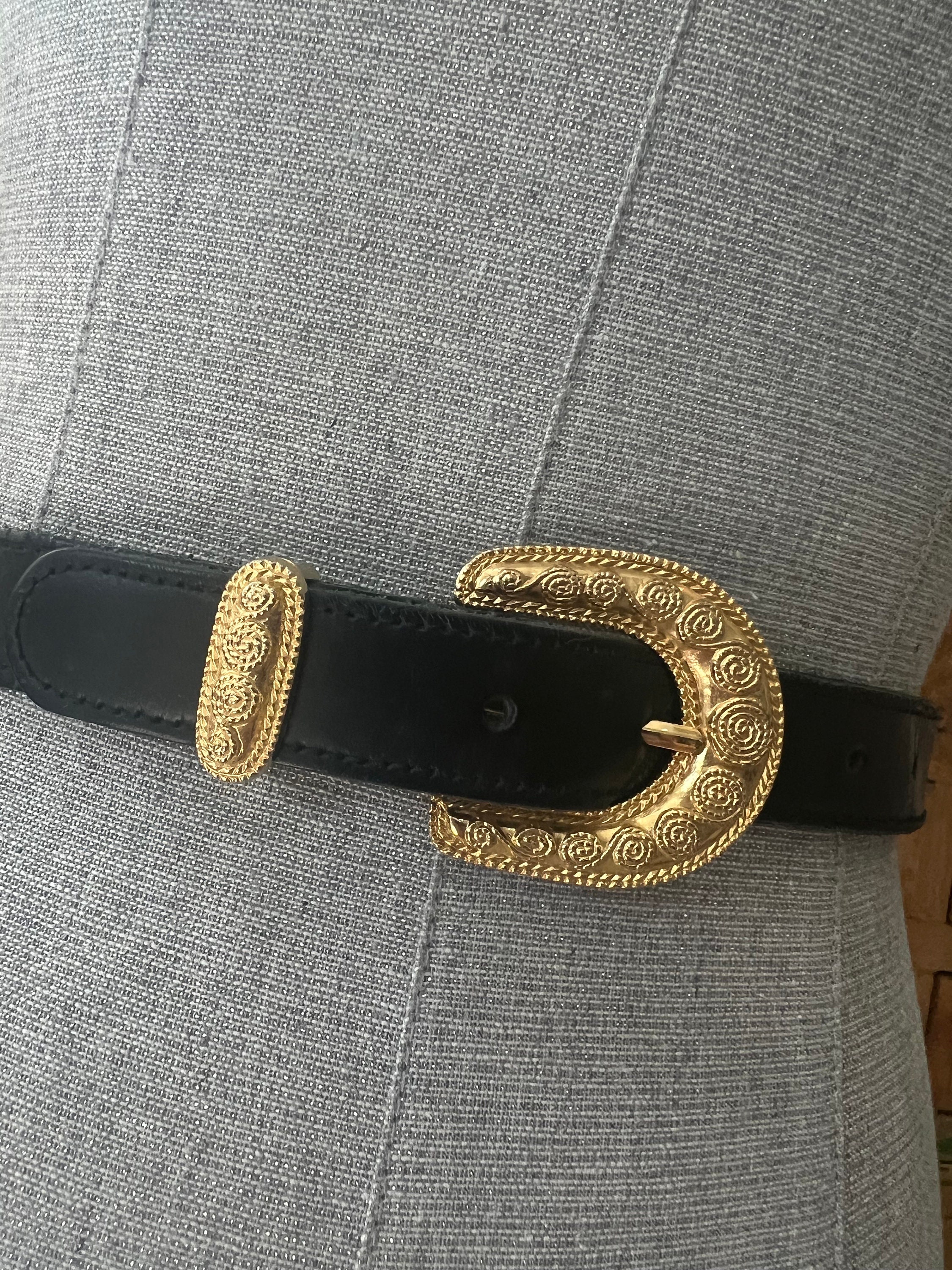 Vintage Express Leather Belt: Beaded Gold Metal Link, Size 