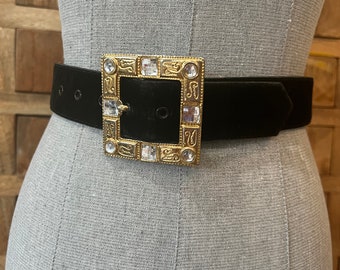 Ritz accessories collection, black velvet look belt with metal/faux jewel buckle