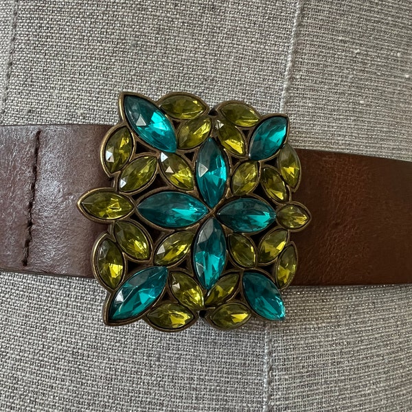 Beautiful turquoise, jade jeweled buckle brown leather waist belt