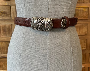 Vintage jaren '90 Brighton bruin geweven leer/crock reliëf zilveren hardware riem