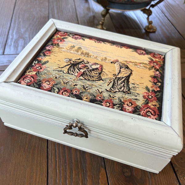 Upcycle light blue jewelry box with tapestry insert & golden yellow interior with mirror.