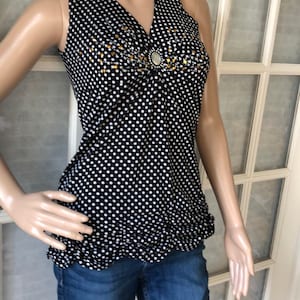 Adorable handmade black/white polka dot embellished racer back tank