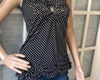 Adorable handmade black/white polka dot embellished racer back tank