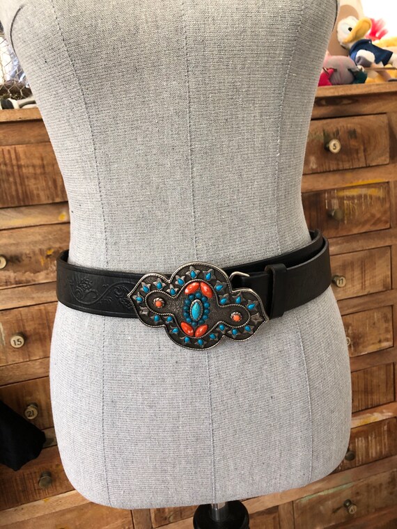 Vintage 90s? Express Black Embossed Waist Belt With Bead Inlaid