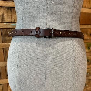 Brown leather brass studded western style skinny belt