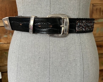 Hand Tooled Leather Western Belt, Black Beaded Cowgirl  display picture 3