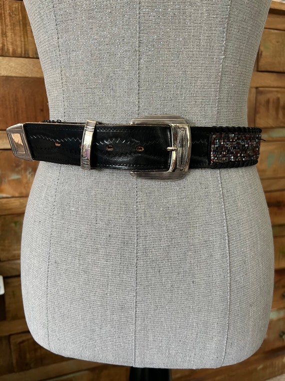 Hand Tooled Leather Western Belt, Black Beaded Cowgirl  display picture 1