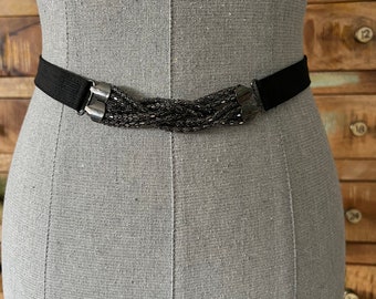 Black/silver beaded stretch skinny waist belt